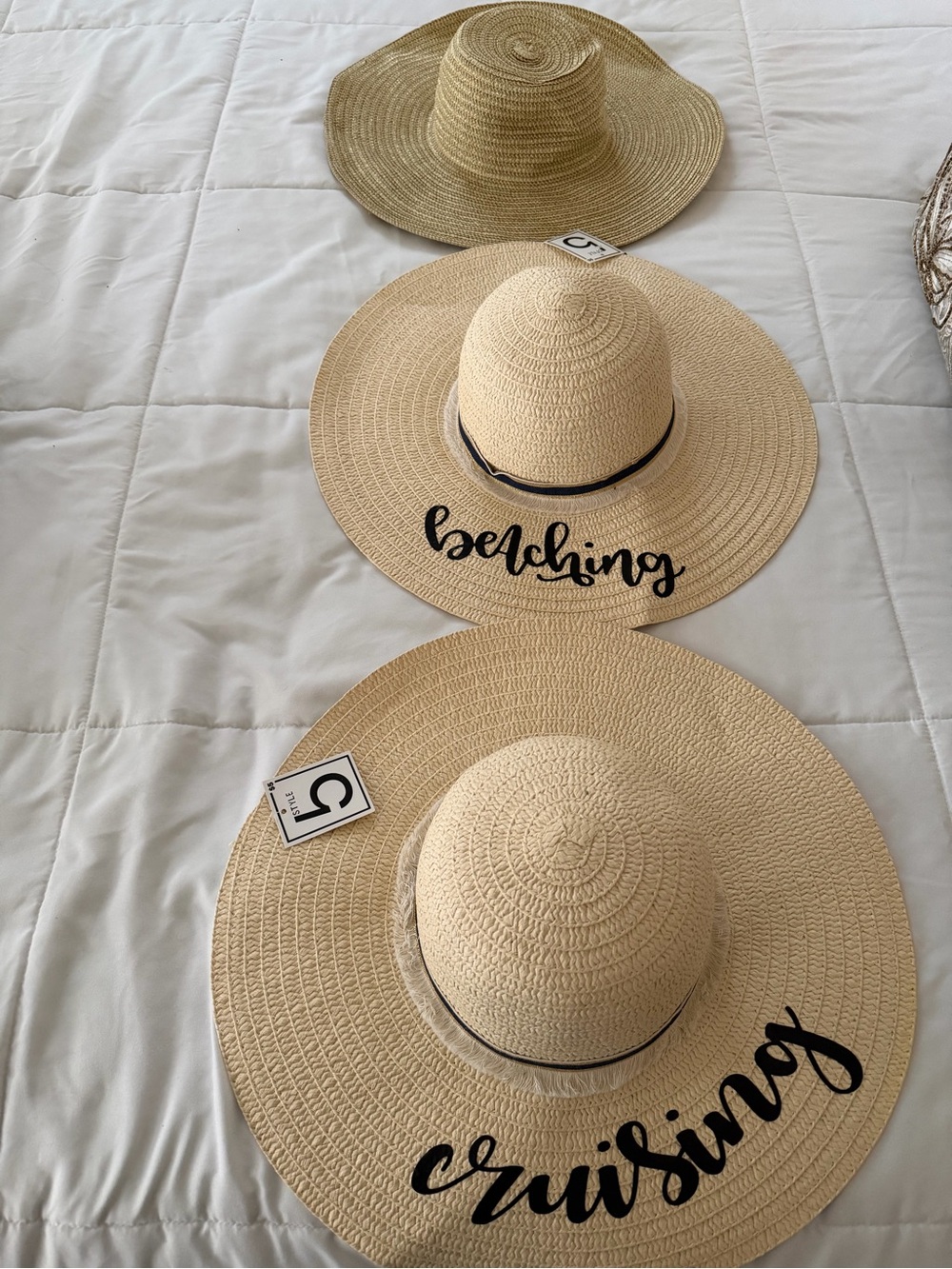 Wide Brim Straw Sun Hat - Natural Beige with Black Lettering